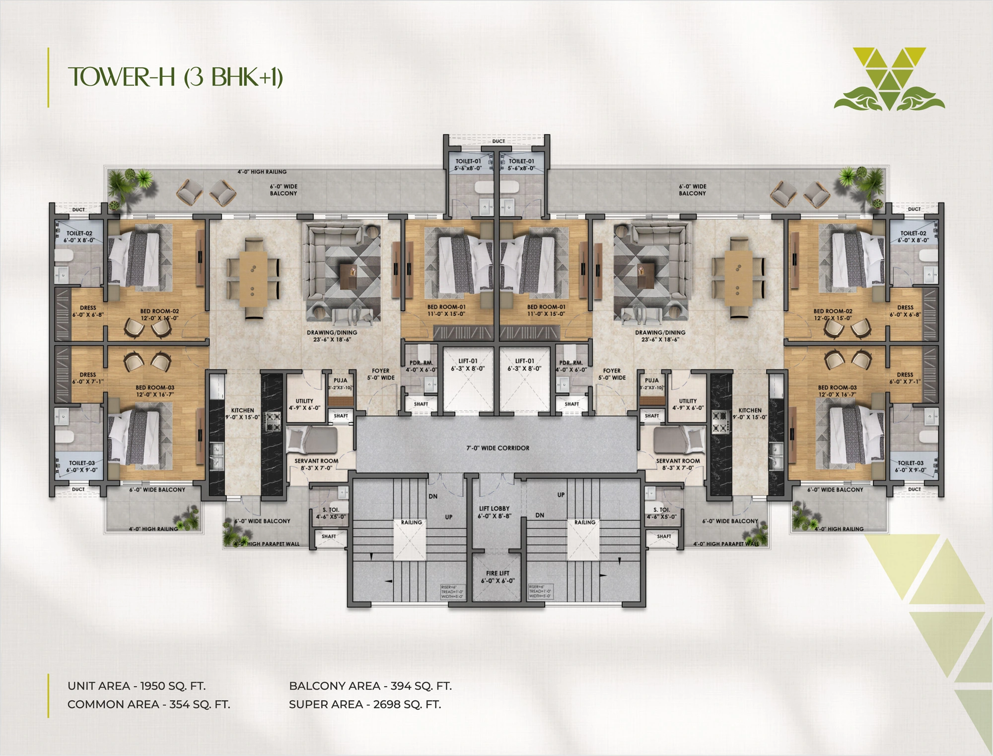 Architectural line drawing of a 3+1 BHK floor plan at Vintage Greens