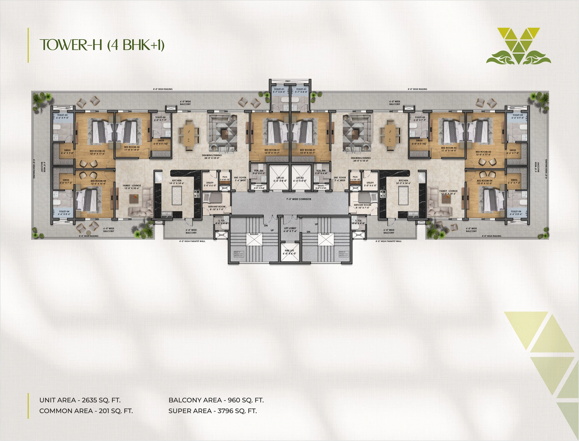 Architectural line drawing of a 4+1 BHK floor plan at Vintage Greens